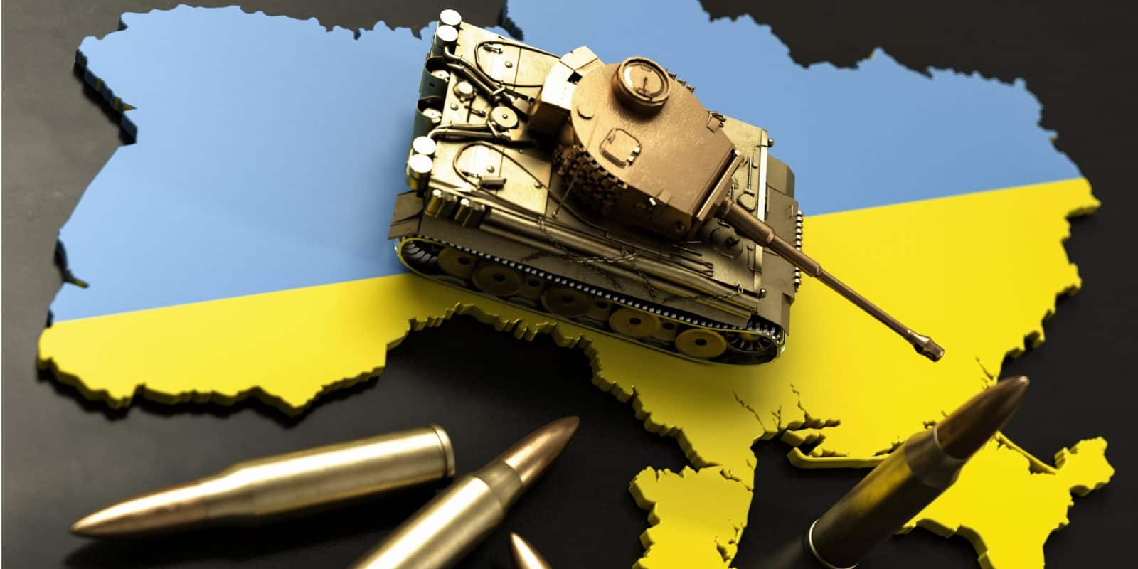 golden military tank and bullets on ukranine map